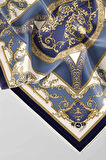 Twill Barok Desenli İndigo Renkli 90x90 Eşarp (İpek İçermez) Kenar Dikiş Şekli El Dikişli