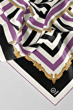 Twill Geometrik Desenli Lila Renkli 90x90 Eşarp (İpek İçermez) Kenar Dikiş Şekli El Dikişli