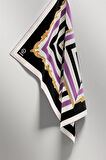 Twill Geometrik Desenli Lila Renkli 90x90 Eşarp (İpek İçermez) Kenar Dikiş Şekli El Dikişli
