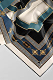 Twill Gold Detaylı ve Antik Motif Desenli İndigo Renkli 90x90 Eşarp (İpek İçermez) Kenar Dikiş Şekli El Dikişli