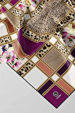 Twill Leopar ve Çiçek Desenli Mürdüm - Bej  Renkli 90x90 Eşarp (İpek İçermez) Dikim Şekli : El Dikişi