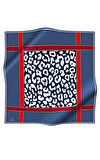 %100 Twill İpek Leopar Desenli İndigo - Kırmızı Renkli 90x90 Eşarp Dikim Şekli : El Dikişi