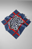 %100 Twill İpek Leopar Desenli İndigo - Kırmızı Renkli 90x90 Eşarp Dikim Şekli : El Dikişi