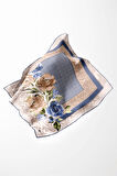 Twill Çiçek Desenli İndigo Renkli 90x90 Eşarp (İpek İçermez) Kenar Dikiş Şekli El Dikişli
