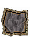 Soft Leopar Bordür Desenli Gri Renkli 90x90 Eşarp (İpek İçermez) Kenar Dikiş Şekli El Dikişli