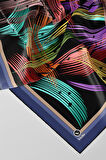 Twill Geometrik Desenli İndigo Renkli 90x90 Eşarp (İpek İçermez) Kenar Dikiş Şekli El Dikişli