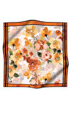 % 57 İPEK % 43 VİSKON Twill İpek Sulu Boyalı Çiçek Desenli Turuncu - Gold Renkli 90x90 Eşarp Dikim Şekli : El Dikişi