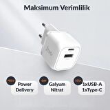 Juo 20W GaN USB-C + USB-A Şarj Aleti iPhone & iPad & Android Uyumlu PD QC4.0 Type-C Hızlı Şarj Cihazı Beyaz