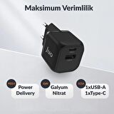 Juo 20W GaN USB-C + USB-A Şarj Aleti iPhone & iPad & Android Uyumlu PD QC4.0 Type-C Hızlı Şarj Cihazı Siyah