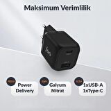 Juo 35W GaN USB-C + USB-A Şarj Aleti iPhone & iPad & Samsung PPS Uyumlu PD QC4.0 Type-C Hızlı Şarj Cihazı Siyah