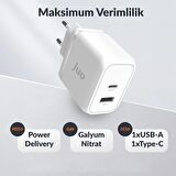 Juo 45W GaN USB-C + USB-A Şarj Aleti iPhone & iPad & Macbook & Samsung Uyumlu PD Type-C Hızlı Şarj Cihazı Beyaz