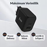 Juo 45W GaN USB-C + USB-A Şarj Aleti iPhone & iPad & Macbook & Samsung Uyumlu PD Type-C Hızlı Şarj Cihazı Siyah