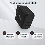 Juo 65W GaN USB-C + USB-A Şarj Aleti iPhone & iPad & Macbook & Notebook Uyumlu PD Type-C Hızlı Şarj Cihazı Siyah