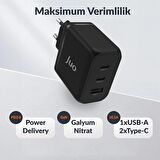 Juo 65W USB-C + USB-A 3 Portlu GaN Şarj Aleti iPhone & Macbook & Notebook Uyumlu PD Type-C Hızlı Şarj Cihazı Siyah