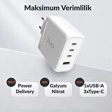 Juo 100W 4 Portlu USB-C + USB-A GaN Şarj Aleti iPhone & Macbook & Notebook Uyumlu PD Type-C Hızlı Şarj Cihazı Beyaz