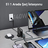 Juo 140W GaN PD 3.1 Masaüstü Hızlı Şarj Cihazı 3 Type-C + 2 USB-A iPhone & MacBook & Laptop Uyumlu Şarj Aleti