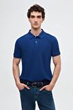 D'S Damat Regular Fit Saks Mavi Pike Dokulu %100 Pamuk Kıvrılmaz Polo Yaka Nakışlı T-Shirt 4HC14ORT51000