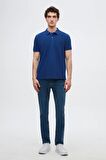 D'S Damat Regular Fit Saks Mavi Pike Dokulu %100 Pamuk Kıvrılmaz Polo Yaka Nakışlı T-Shirt 4HC14ORT51000