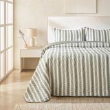 Ocean Home Textile Pamuklu Kapitoneli Haki Renk Çizgi Desen Çift Kişilik Yatak Örtüsü Seti 1 Adet 250 x 230 / 2 Adet 50 x 70 cm