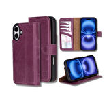 Bouletta Apple iPhone 16 Plus uyumlu, Hakiki Deri, El Yapımı, Cüzdanlı Kılıf, Mor
