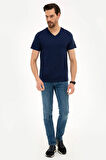 Lacivert Slim Fit V Yaka Basic T-Shirt