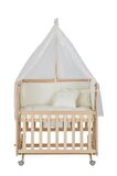 Baby Tech 50x90 Extra Naturel Ahşap Boyasız Anne Yanı 4 Kademeli Tekerlekli Beşik