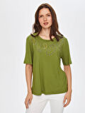 Paisley Trok Taş Detaylı Yuvarlak Yaka T-Shirt 69560