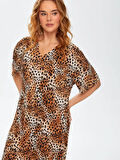 Leopar Desenli Kendinden Piliseli V Yaka Elbise 69239