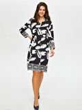Eteği Sulu Monochrome Yaprak Desen Gömlek Elbise 001