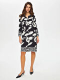 Eteği Sulu Monochrome Yaprak Desen Gömlek Elbise 001