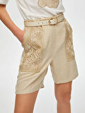 Çiçek Nakış File Detaylı Keten Karışımlı Şort S25SRT003