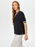 Yakası Ve Kolu Çizgili Triko Detaylı V Yaka Modallı Bluz S25BLZ010