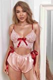 Merry See Dantelli Saten Şortlu Takım Pembe