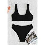 Angelsin Özel Fitilli Kumaş Yüksek Bel Tankini Bikini Takım Siyah