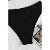 Angelsin Özel Fitilli Kumaş Yüksek Bel Tankini Bikini Takım Siyah