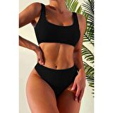 Angelsin Özel Fitilli Kumaş Yüksek Bel Bikini Altı Siyah