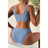 Angelsin Özel Fitilli Kumaş Tankini Bikini Üstü Mavi