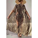 Angelsin Şifon Uzun Önden Bağlamalı Leopar Plaj Elbisesi Pareo Kimono Çok Renkli