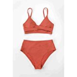 Angelsin Özel Tasarım Önden Çarpraz Yüksek Bel Bikini Takım Kırmızı