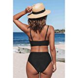 Angelsin Özel Tasarım Önden Çarpraz Yüksek Bel Bikini Takım Siyah