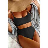 Angelsin Yüksek Bel Özel Kumaş BiKini Altı Siyah
