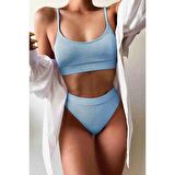 Angelsin Yüksek Bel Fitilli Kumaş Tankini Bikini Takım Mavi