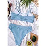 Angelsin Yüksek Bel Fitilli Kumaş Tankini Bikini Takım Mavi