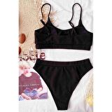 Angelsin Yüksek Bel Fitilli Kumaş Tankini Bikini Takım Siyah