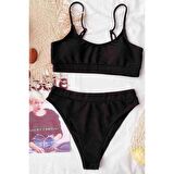 Angelsin Yüksek Bel Fitilli Kumaş Tankini Bikini Takım Siyah