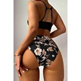 Angelsin Yüksek Bel Baskılı Bikini Altı Siyah