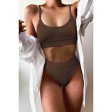Angelsin Yüksek Bel Fitilli Kumaş Tankini Bikini Üstü Kahverengi
