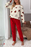 Merry See Kalp Baskılı Peluş Polar Alt Üst Uzun Kollu Pijama Takımı