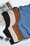 Merry See 4'lü Paket 4 Renk Takım Kadın Kolsuz Örme Kumaş Bluz Crop