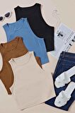 Merry See 4'lü Paket 4 Renk Takım Kadın Kolsuz Örme Kumaş Bluz Crop